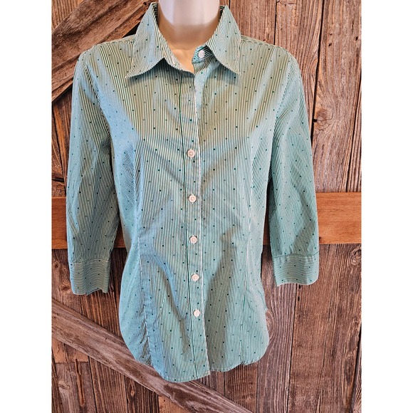 Kim rogers striped polka dot green stretch career blouse 3/4 sleeve M ^ - Picture 1 of 7
